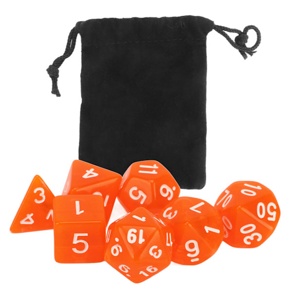Set med 7 mini transparenta orange akryl polyhedral tärningar för brädspel