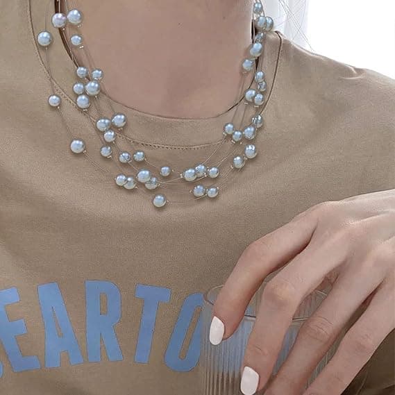 Lagerhalsband med pärlor, pärlstavat silverchoker, handgjorda boho-statement-halsband, modeje.