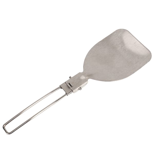 Sammenfoldelig spatel lavet af 304 rustfrit stål med låsemekanisme, let og bærbar til camping og madlavning.