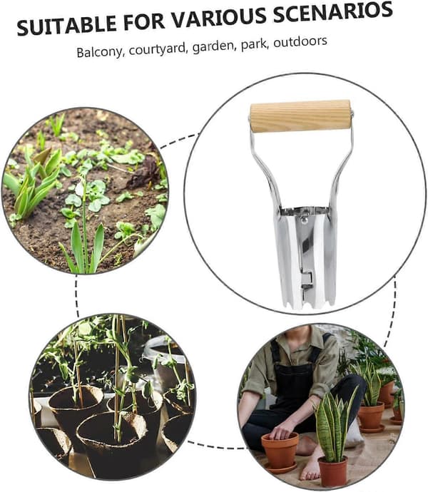 Frøtransplanter i rustfritt stål med ergonomisk trehåndtak, egnet for omplanting av blomster og grønnsaker.