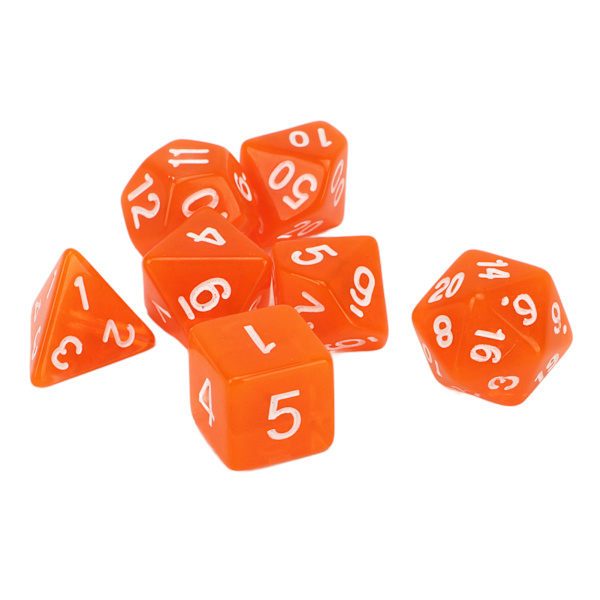 Set med 7 mini transparenta orange akryl polyhedral tärningar för brädspel