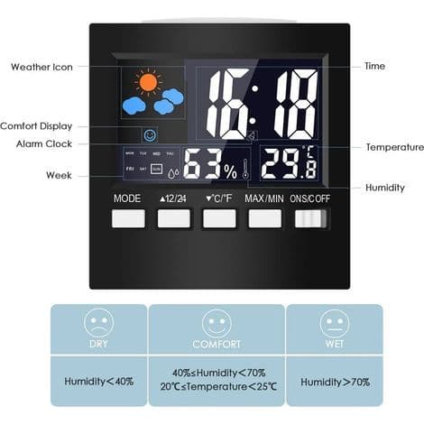 LCD digital termometer, väderstation, klocka och alarm, kalender, hygrometer, hemtemperatur och luftfuktighet