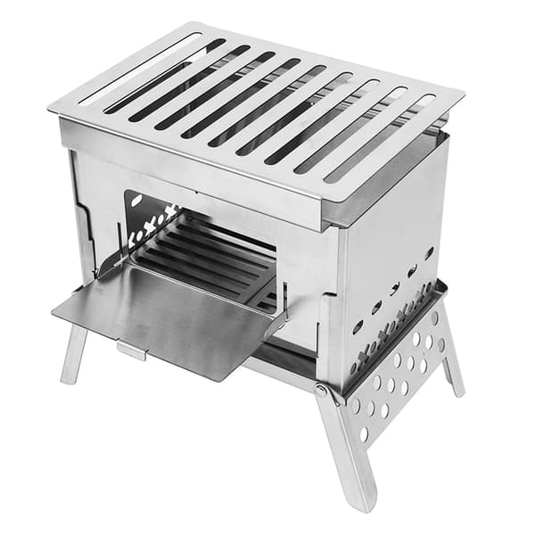 Bærbar sammenleggbar vedovn i rustfritt stål for camping, grilling og utendørs bruk.