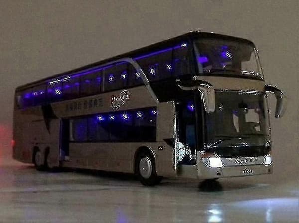 Legetøjsbusmodel i legering med tilbagetræk, realistisk dobbeltdækker sightseeingbus, guld.