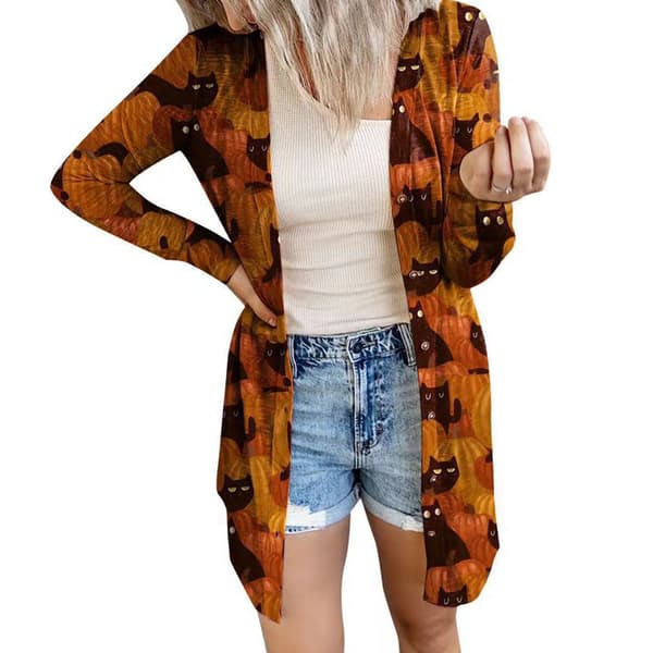 Dam Öppen Front Tyg Halloween Mjuk Långärmad Casual Höst Orange Kappa L