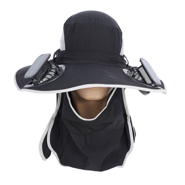 Solarhat med USB genopladelig ventilator, bred skygge, UPF50 beskyttelse til udendørs fiskeri, sort