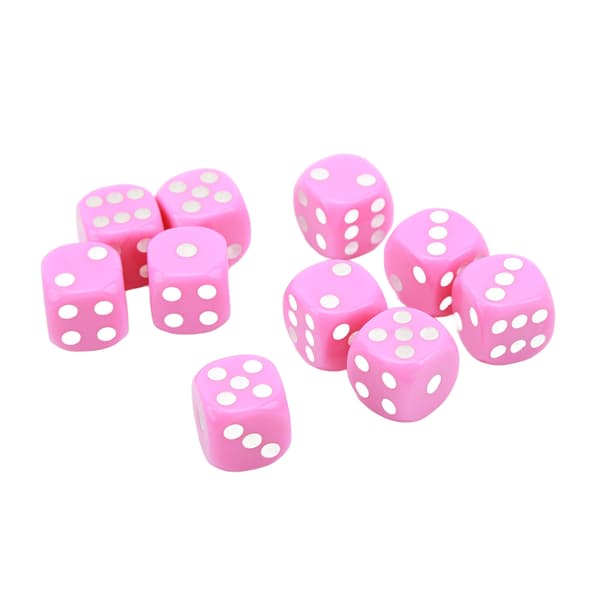 Sett med 30 plast 6-sidede terninger med avrundede hjørner, 16 mm, for brettspill, rosa
