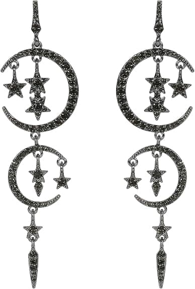 Gotiske øreringe, stjerne- og månediamant lange øreringe, goth-smykker | hekse-dangler, hekse-celesti.
