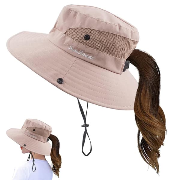 Bøttehatt med bred brem og hestehalehull, UV-beskyttelse, sommer, dame.