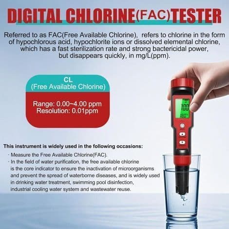 7-i-1 pH-meter – Vandkvalitetstester med pH, klor, salinitet, ORP, TDS, EC, temperatur – 3-punkts automatisk kalibrering
