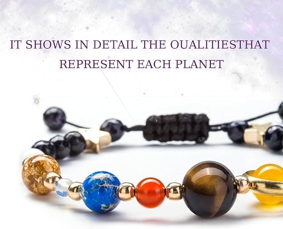 Planetarmbånd, armbånd med solsystemets ni planeter og Melkeveien, justerbart tau.