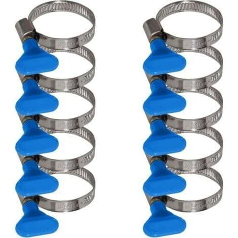 Förpackning med 10 slangklämmor i rostfritt stål med vingmutter - Slangklämma med 9 mm band (25-40 mm blå vingmutter)