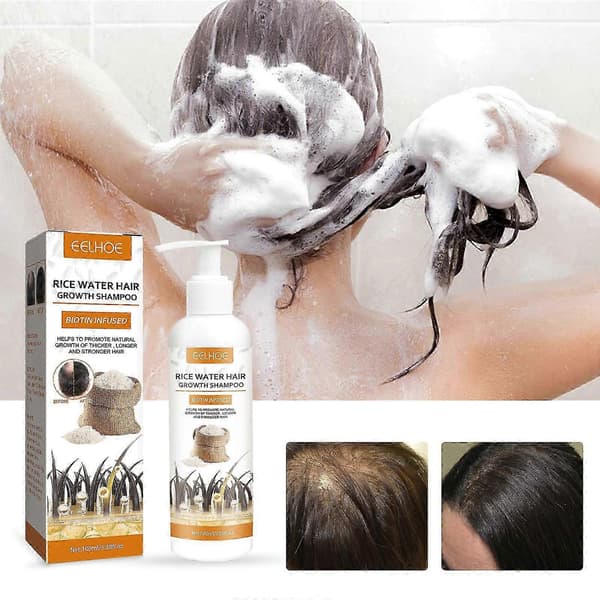 Hårvækstshampoo med biotin, risvand og rosmarin.