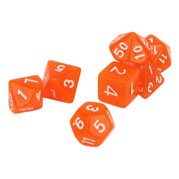 Set med 7 mini transparenta orange akryl polyhedral tärningar för brädspel