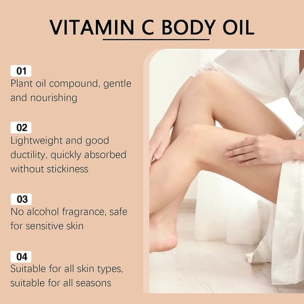 C-vitamin kropsolie, unisex, vaniljeduft, efterlader huden blød og strålende efter bad.