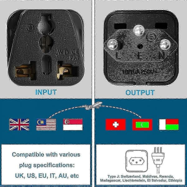Schweizisk J-typ stickkontaktadapter 3-pack, universell reseanvändning