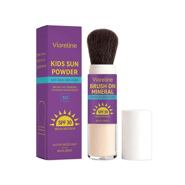 Mineral solpudder for barn med SPF-vurdering, bredspektret solbeskyttelse for ansiktet.