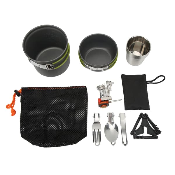 Bärbar campingköksutrustning med spis och hopfällbara aluminiumredskap