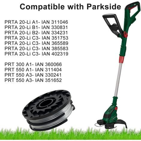 Udskiftningsspoler til Parkside trimmere, Nylontrimmerspole til LIDL Parkside PRT 550 A1/A3, PRTA 20-Li A1/B2/C3, PRT 300 A1 (6 spoler + 1 hætte)