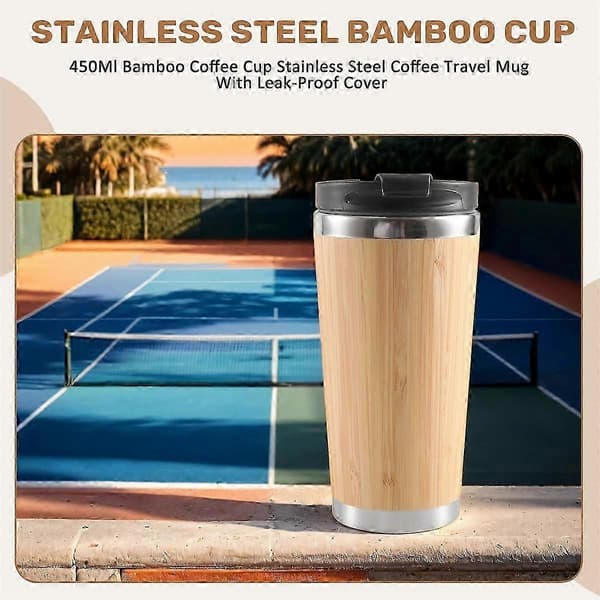 450 ml kaffemugg i bambu, resemugg i rostfritt stål med läckagesäkert lock, isolerad kaffemugg