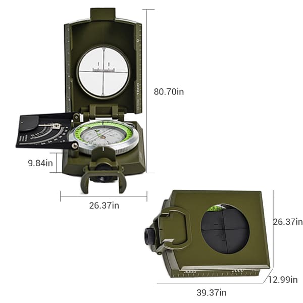 Multifunksjonelt militærkompass i sinklegering med inklinometer for camping, fotturer, jakt
