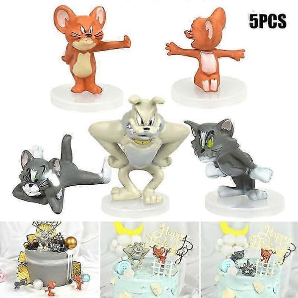 5-delt Tom og Jerry kakedekorasjonsfigurer, egnet for bursdags- og julefestkaker.