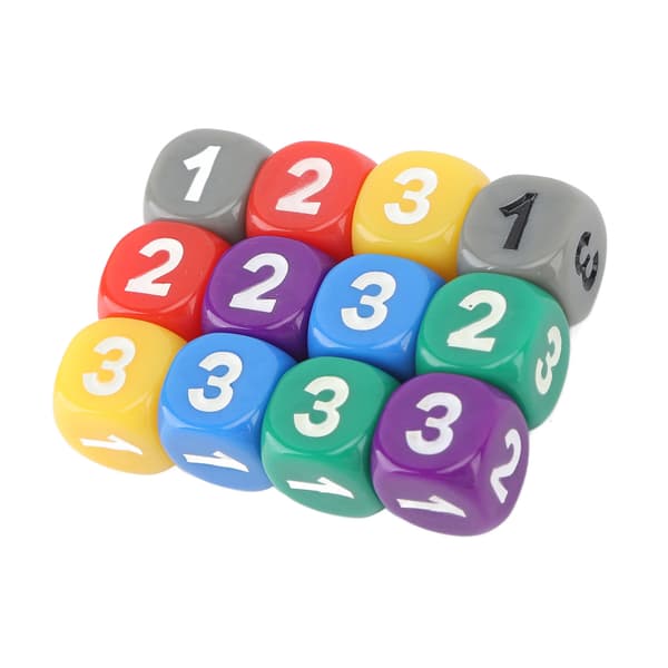 12 farverige 6-sidede plastikterninger med afrundede hjørner til undervisning i matematik og tælling