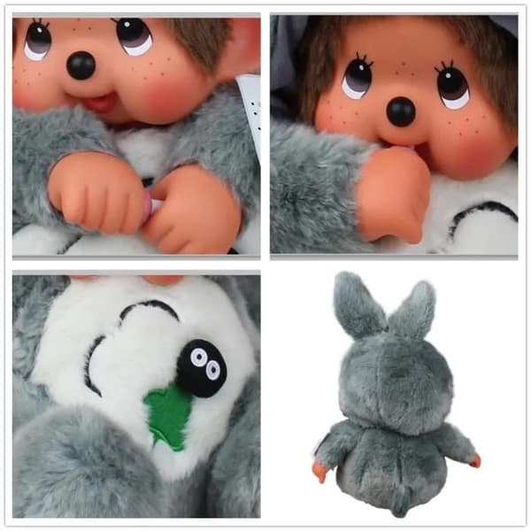 Kiki, Totoro och Monchhichi plyschleksaker, 20 cm, grå, med flaska