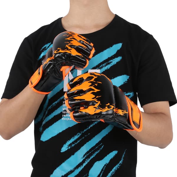 Fingerløse MMA-handsker i PU-læder til boksning, Sanda, boksepude, orange/sort