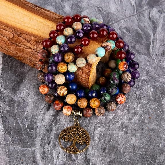 7 Chakra 108 Mala Pärlhalsband för kvinnor Ädelsten Böne Armband | Oro Tulsi Buddhist Buddha.