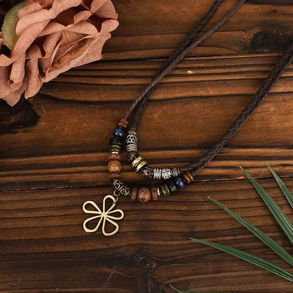 Flerlags træperlehalskæde med hule blomsterøreringe | Boho Hippie Halskæder Unisex Bøhmen.