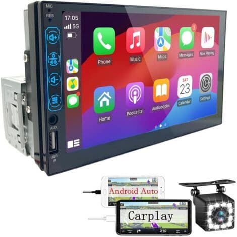 7-tommer 1 DIN Bluetooth bilradio med CarPlay og Android Auto – HD Touchscreen – Vandtæt bakkamera – Bluetooth 5.0 og FM – Andiamo