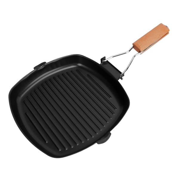 Non-stick stegepande i smedejern med foldbart træhåndtag til camping, 24 cm.