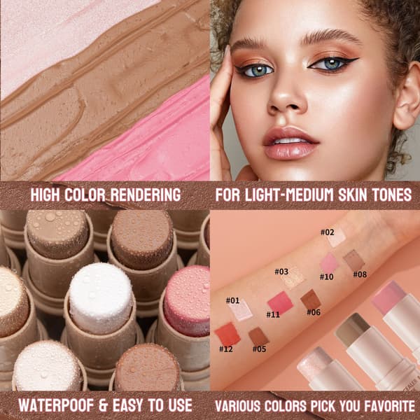 3 stk. Makeup Stick Sæt, Creme Contour Blush Highlighter Stick Kit, 3 Farvepaletmuligheder, Blenda... B