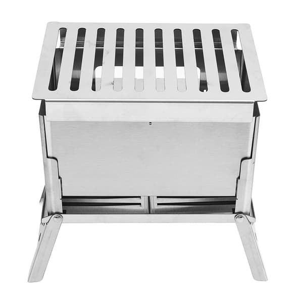 Bærbar sammenleggbar vedovn i rustfritt stål for camping, grilling og utendørs bruk.