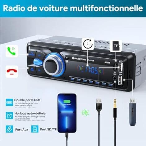 Bluetooth Handsfree Bilradio 5.0, FM-radio, 1 DIN Bilradio för 12V Bilar, Stöder 2 USB/AUX/SD/TF/MP3, Stöder iOS/Android
