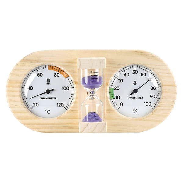 Saunarumstermometer og Hygrometer - Præcis Sauna Timeglas Timer med Dobbelte Skiver - 15-minutters Nedtælling til Indendørs Saunaer