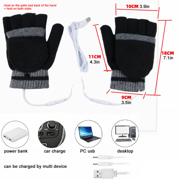 USB-oppvarmede hansker for vinter, varme hender, halvfinger, fullt vaskbare, unisex