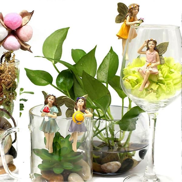 5-delt sett med fe-figurer, fe-figurer i harpiks med vinger, mini-fehagefigurer.