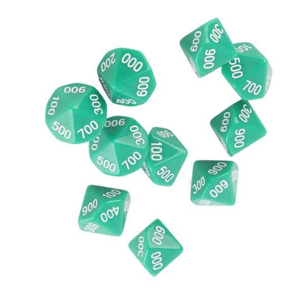 10 grønne 10-sidede terninger med hvide tal til undervisning og spil, premium plastik, 10 stk.