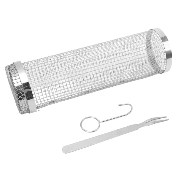 Rullende grillkurv i rustfrit stål med netrør, gaffelkrog og låg til grill, 29,5 cm