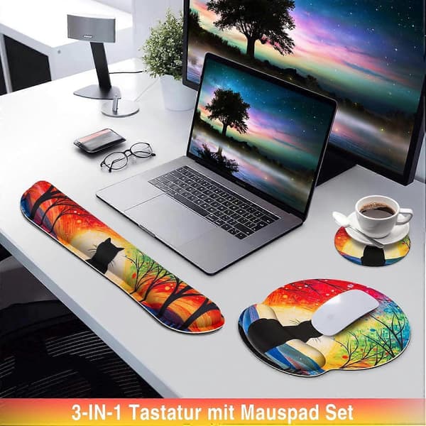 3-i-1 Musemåttesæt, Ergonomisk Musemåtte med Håndledsstøtte til Tastatur + Skridsikre Coasters - Musemåtte