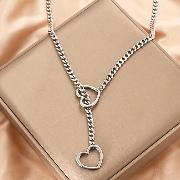 Y-formet choker i rustfritt stål med hjerteformet ring, unisex, punkrock-stil, justerbart Y-formet halskjede.