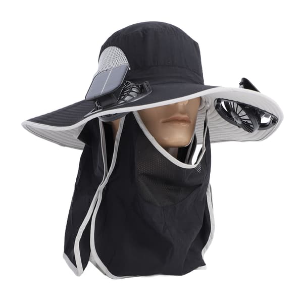 Solarhat med USB genopladelig ventilator, bred skygge, UPF50 beskyttelse til udendørs fiskeri, sort