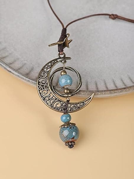 Vintage boheme hippie keramiske perler halvmåne lariat halskæde
