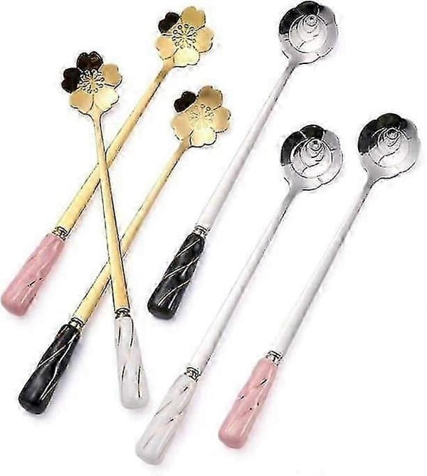 Kaffeskjesett i rustfritt stål (6 deler) - Roseformede keramiske håndtak, egnet for desserter