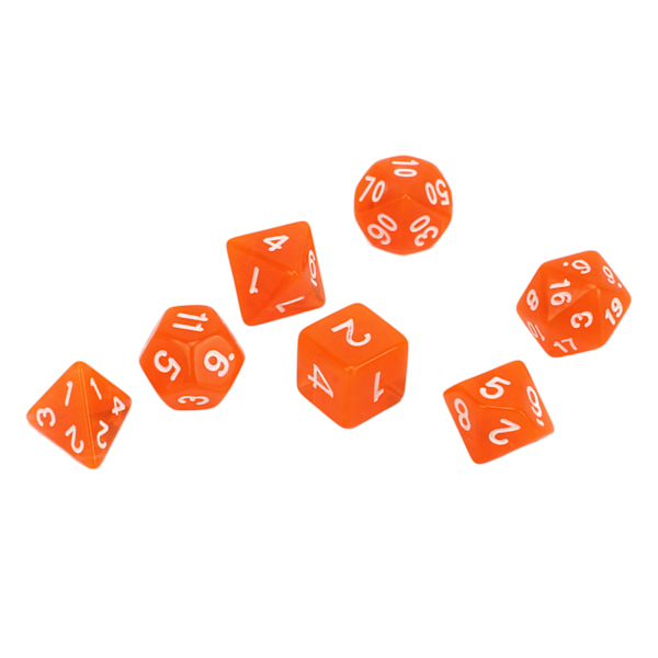 Set med 7 mini transparenta orange akryl polyhedral tärningar för brädspel