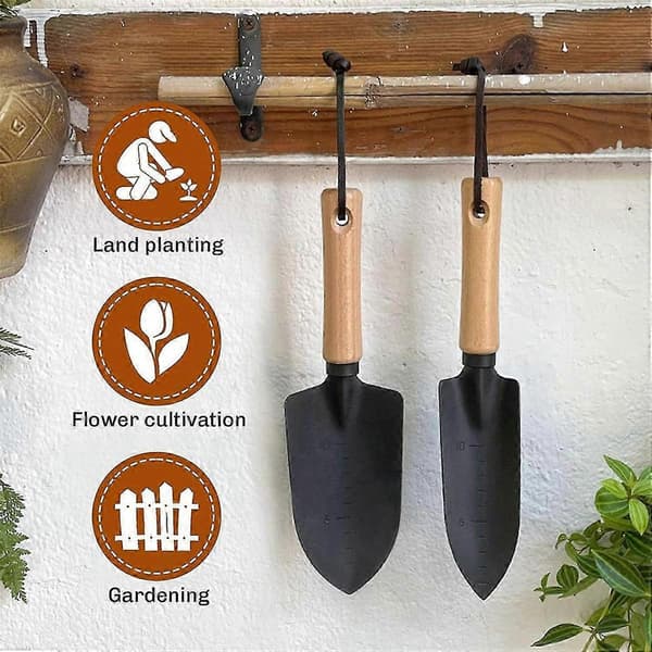 Sett med 3 hagespader med trehåndtak, egnet for hagearbeid og camping.