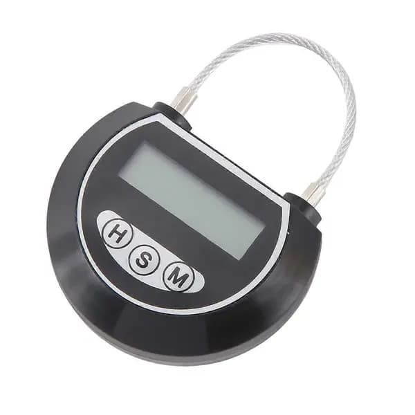 Elektronisk timerlås med display och knappar, maximal timerlängd 999 timmar, säkerhetsbehållare i ABS-metall.