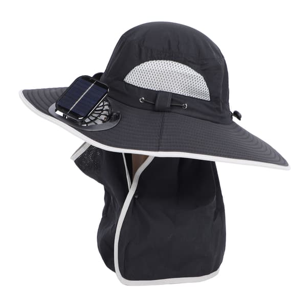 Solarhat med USB genopladelig ventilator, bred skygge, UPF50 beskyttelse til udendørs fiskeri, sort